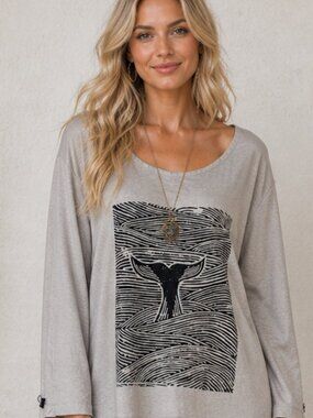 Gray Whale Tail Japanese Line Drawing Scoop Neck Rayon Tunic Top One Size